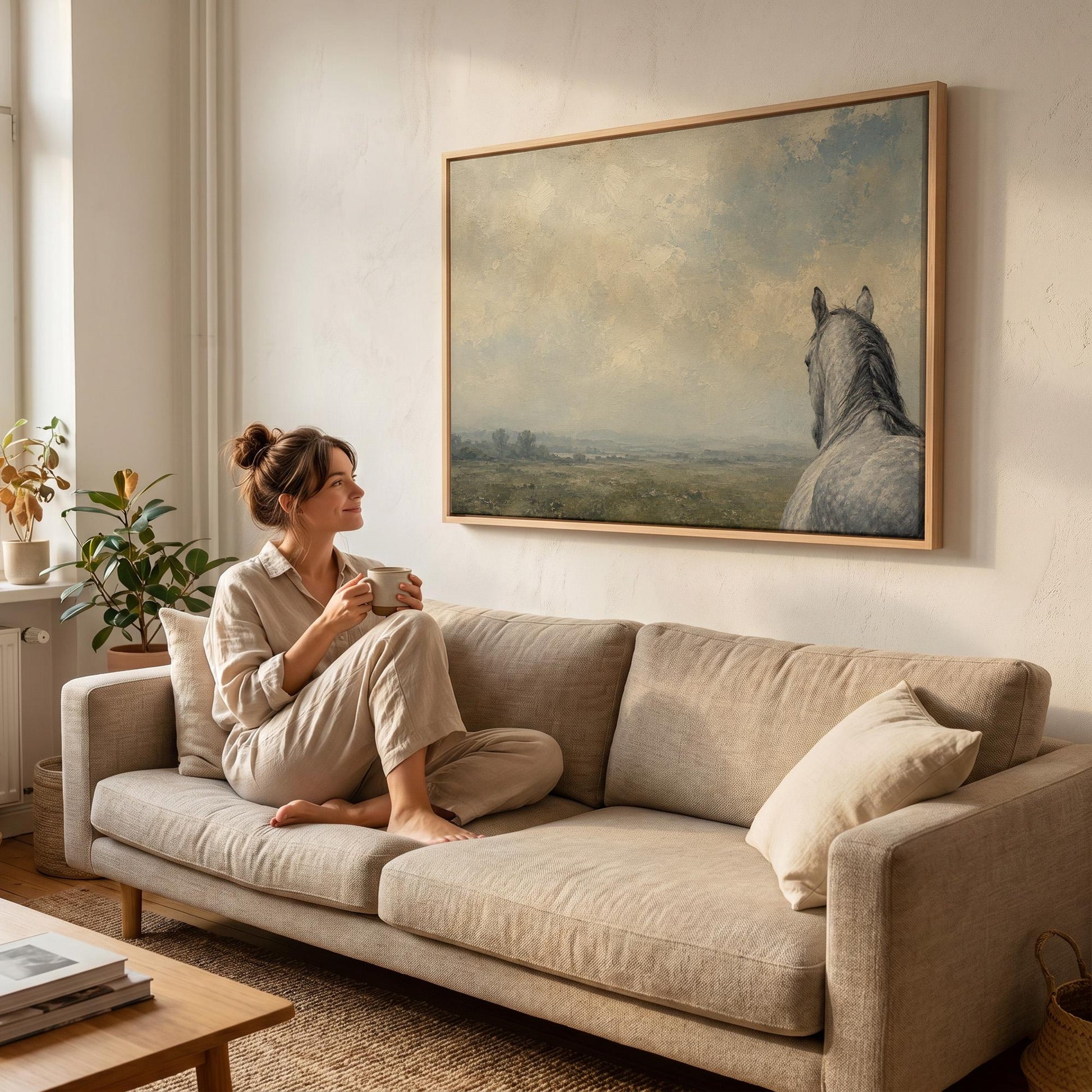Dapple grey horse looking out over a hazy green valley, canvas print hanging in a calm, modern living space