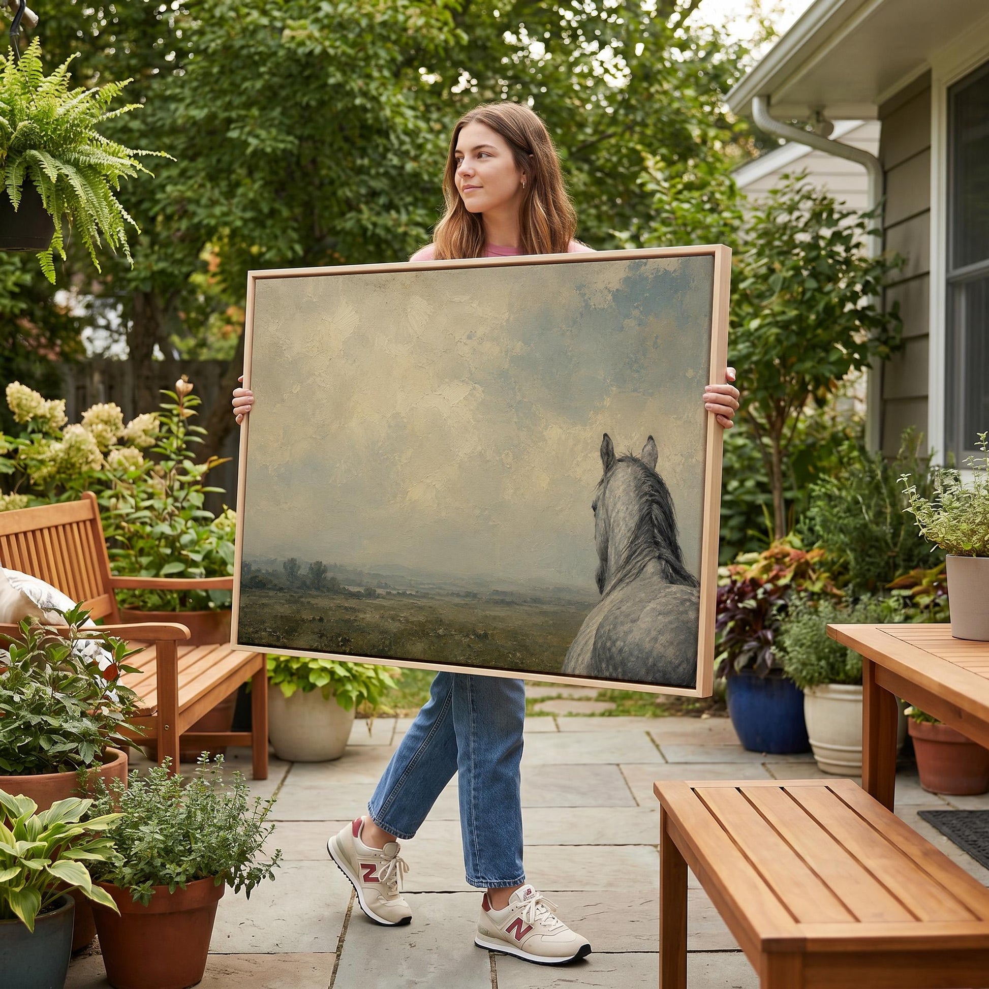 Dapple grey horse looking out over a hazy green valley, canvas print seen in a warm interior with natural light