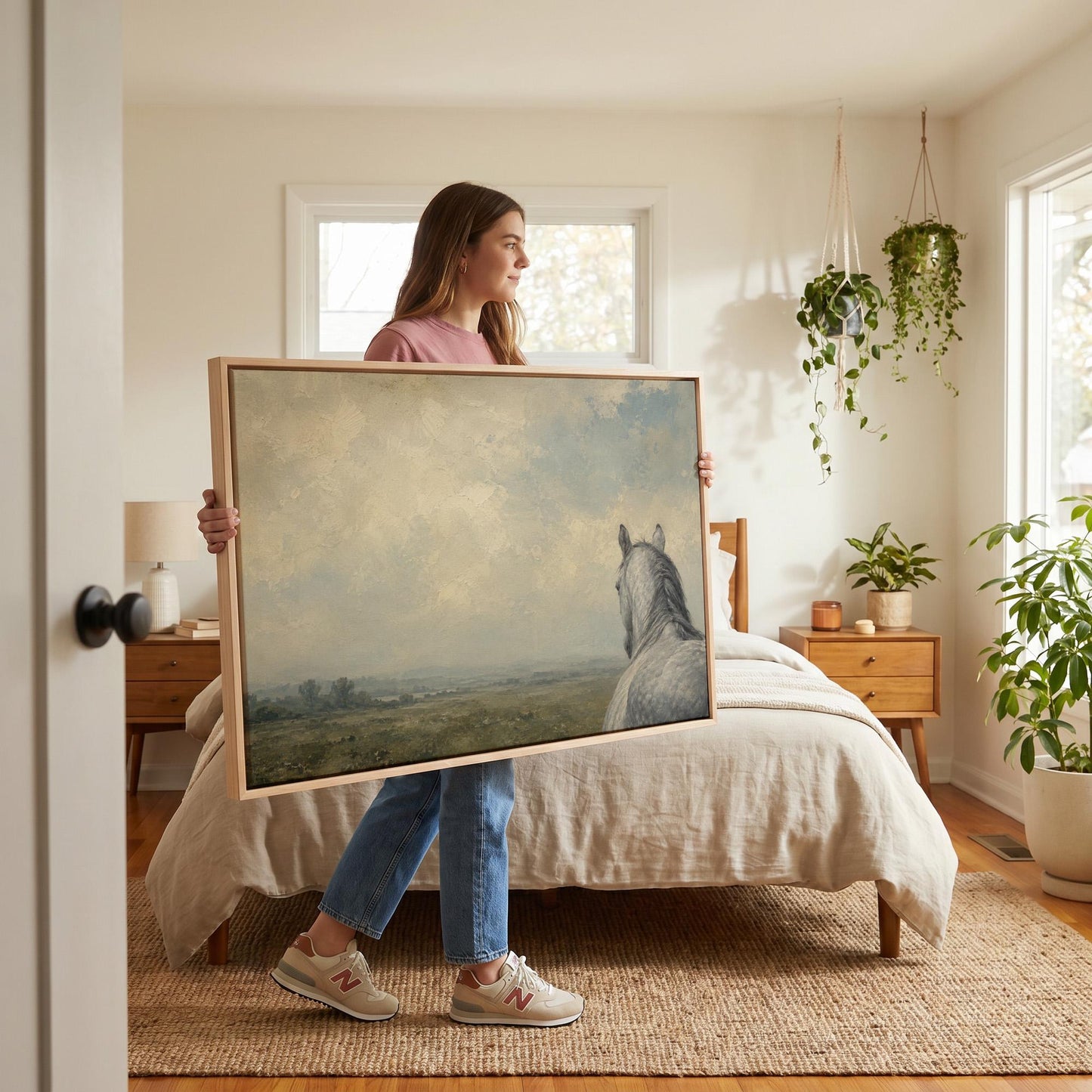 Dapple grey horse looking out over a hazy green valley, canvas print presented in a light, minimal room