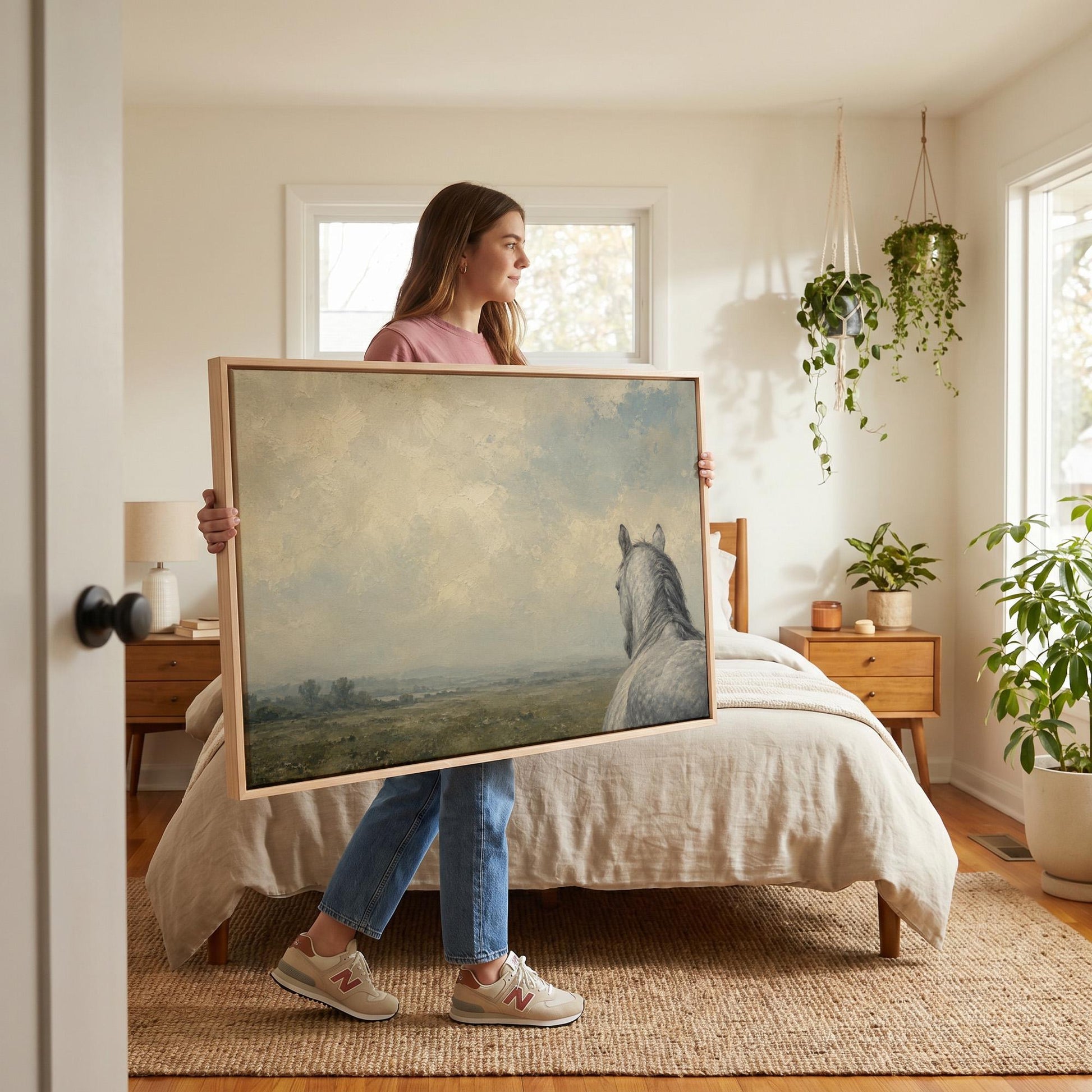 Dapple grey horse looking out over a hazy green valley, canvas print presented in a light, minimal room