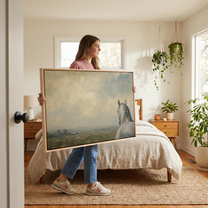 Dapple grey horse looking out over a hazy green valley, canvas print presented in a light, minimal room