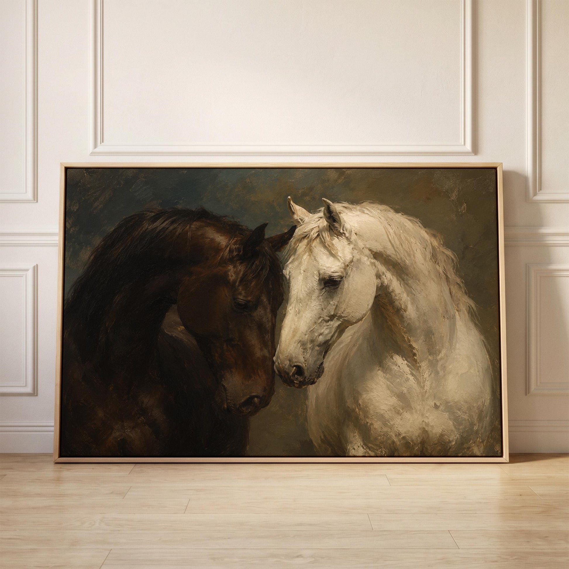 Dark bay and white horse portraits leaning together, canvas print held up against a sunlit bedroom wall