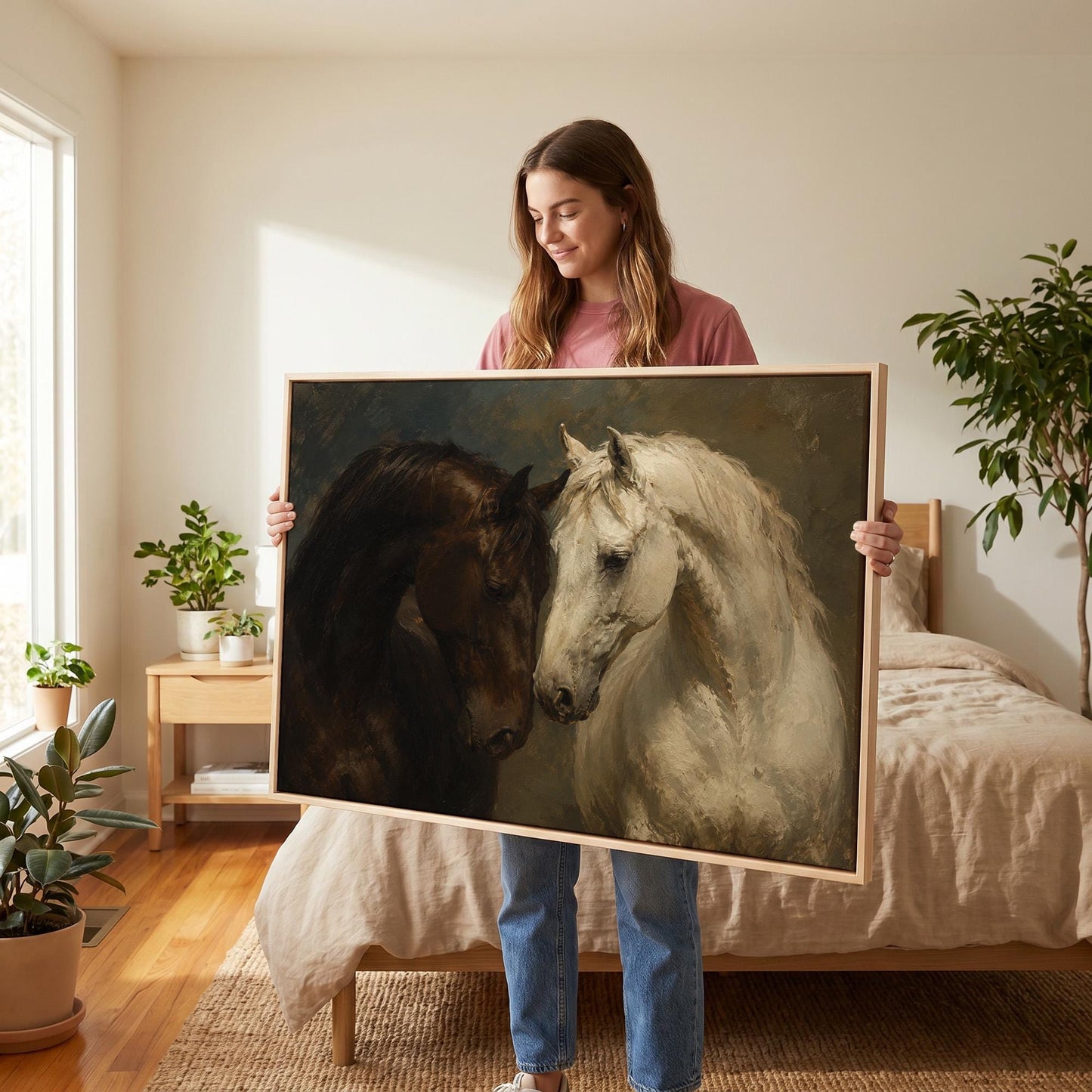 Dark bay and white horse portraits leaning together, canvas print styled against a soft white wall