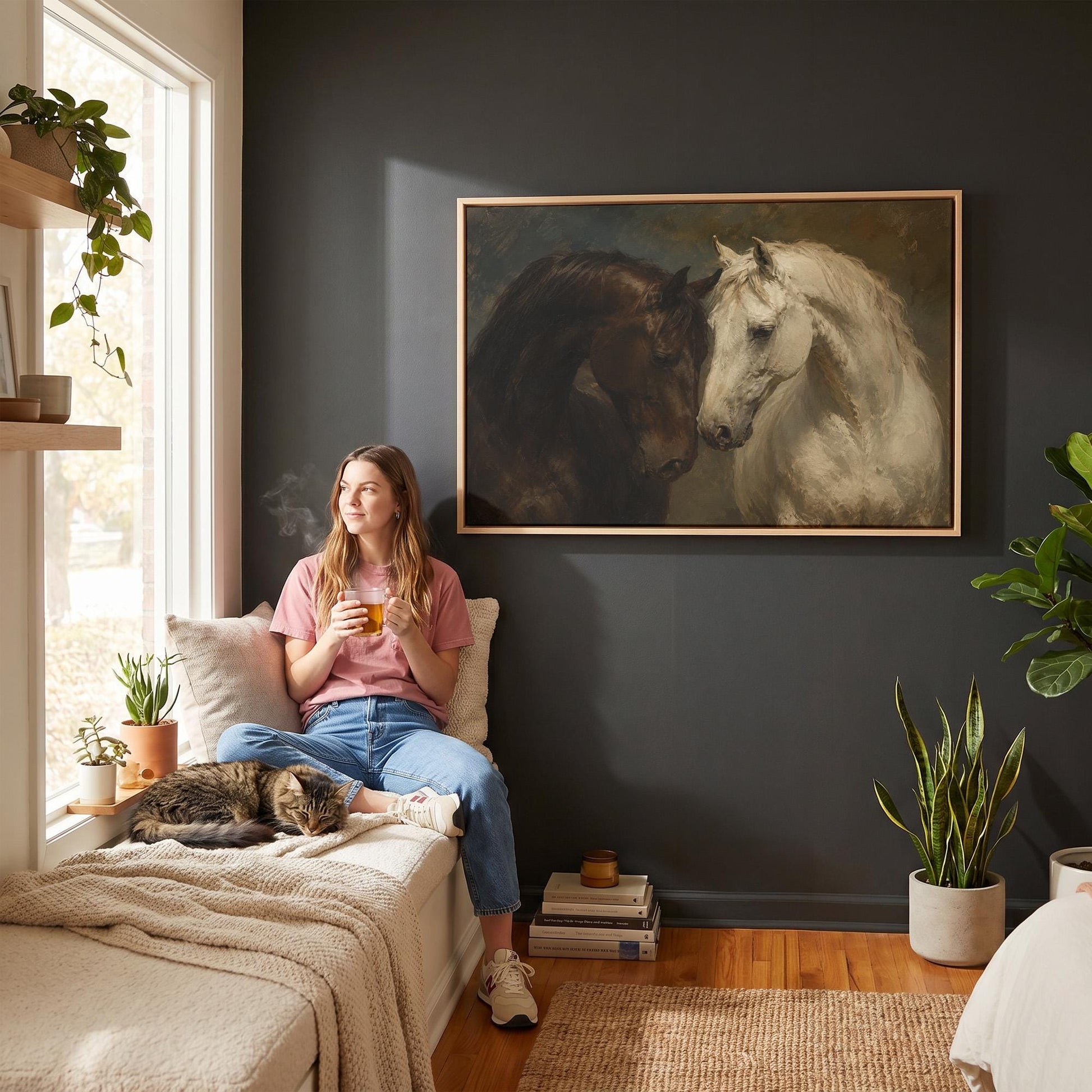 Dark bay and white horse portraits leaning together, canvas print presented in a light, minimal room