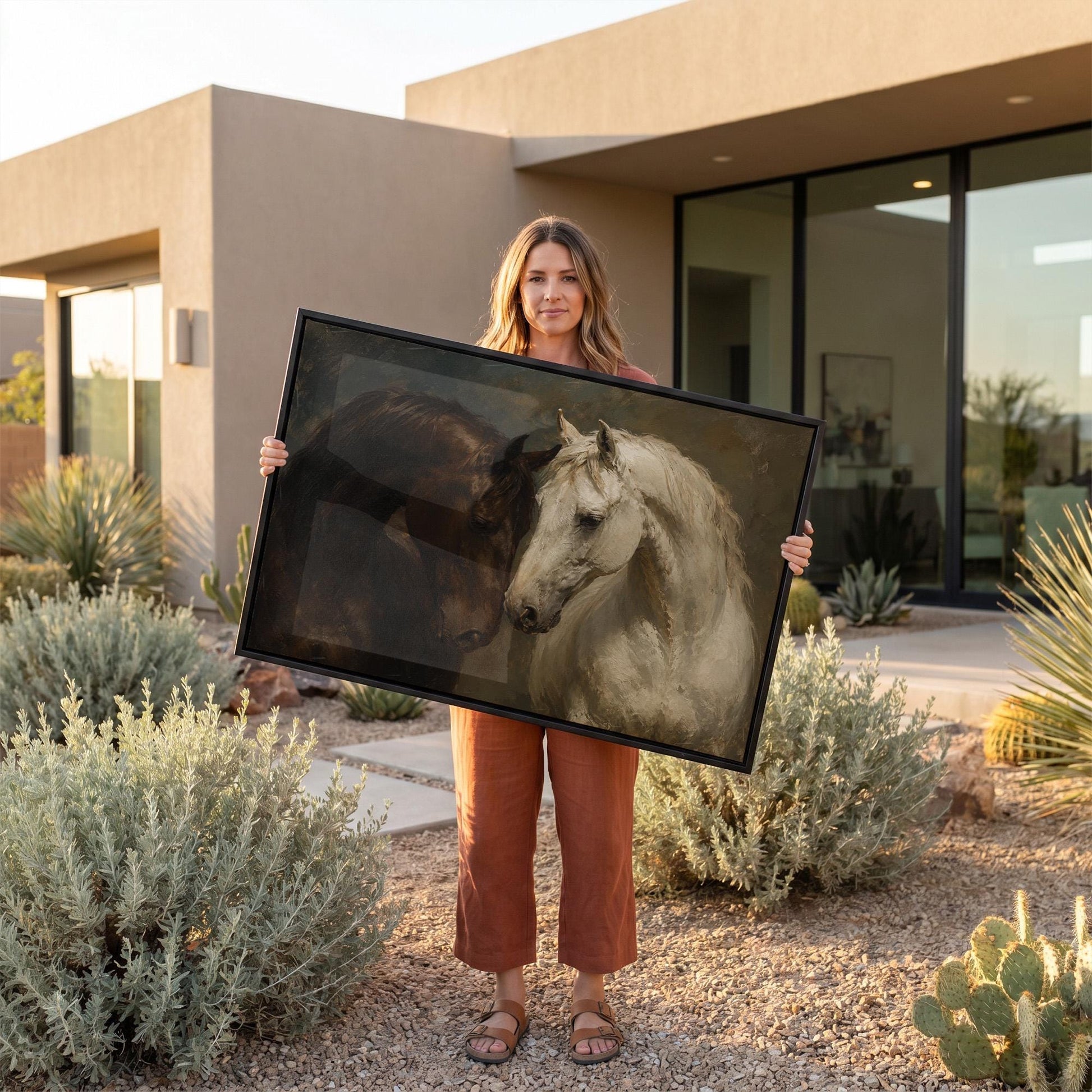 Dark bay and white horse portraits leaning together, canvas print displayed on a neutral wall in a styled interior
