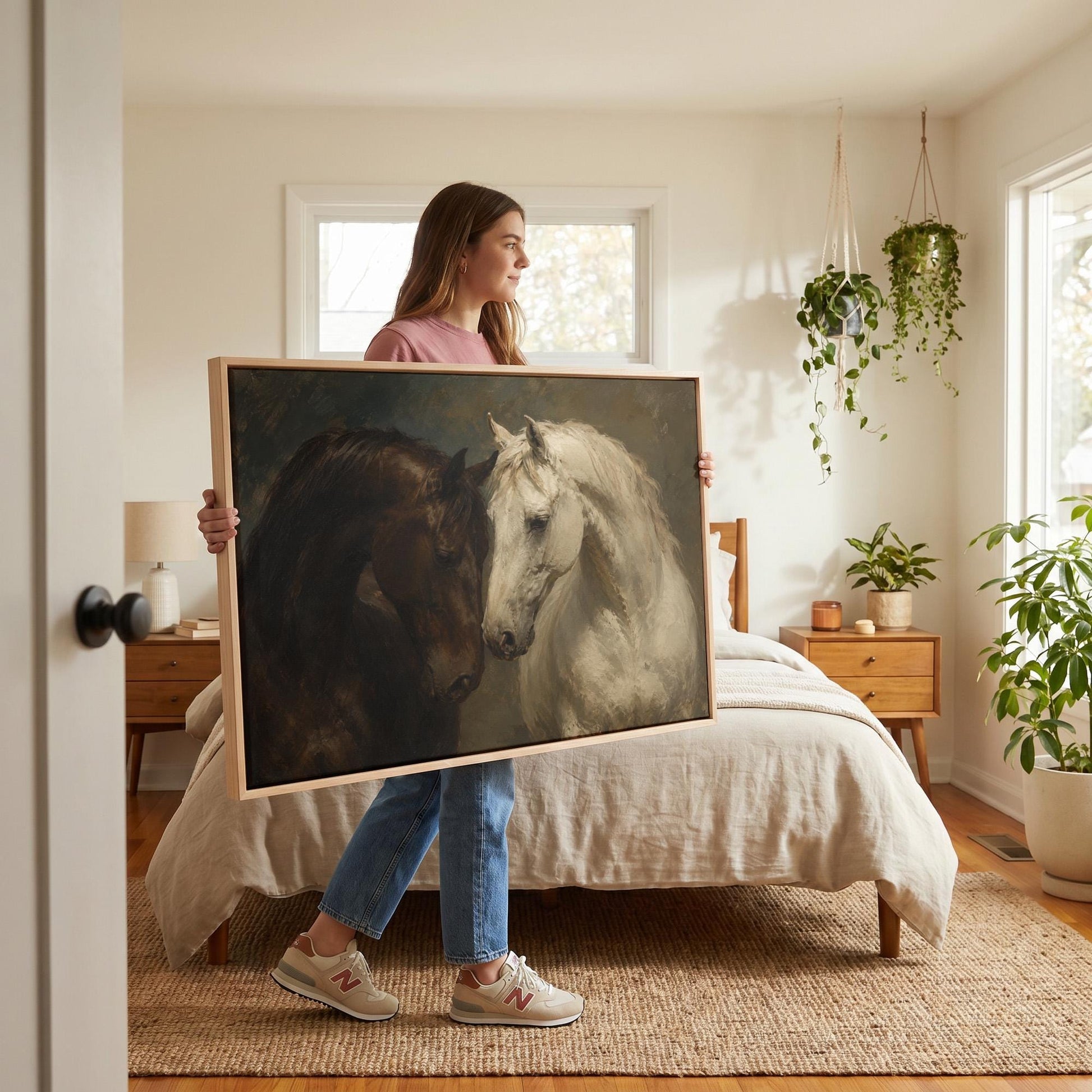 Dark bay and white horse portraits leaning together, canvas wall art seen in a warm interior with natural light