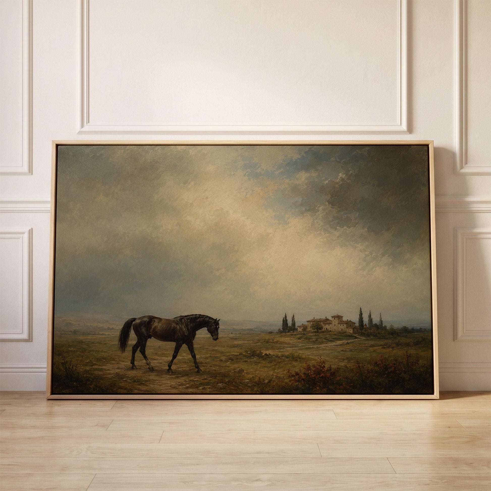 Dark horse in a meadow below a Tuscan villa with cypresses, canvas print held up against a sunlit bedroom wall