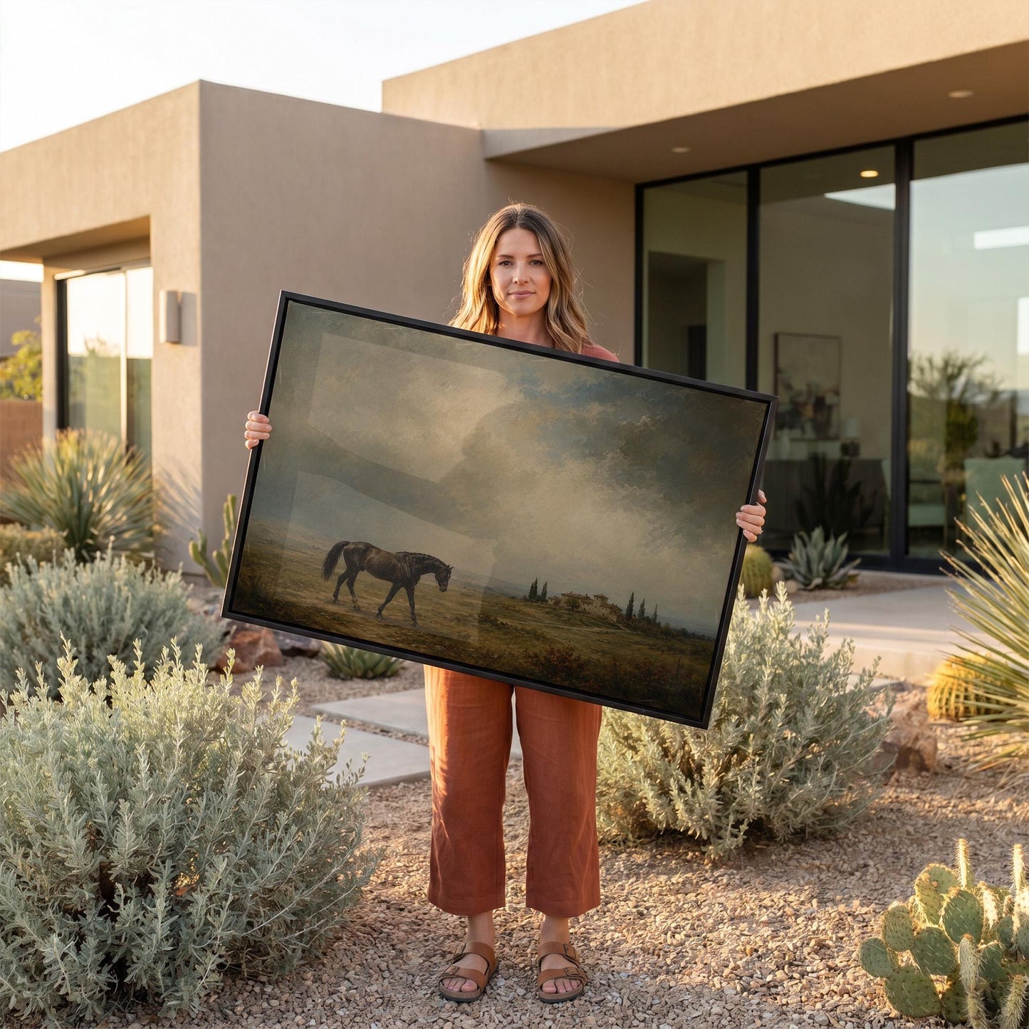 Dark horse in a meadow below a Tuscan villa with cypresses, canvas print presented in a light, minimal room
