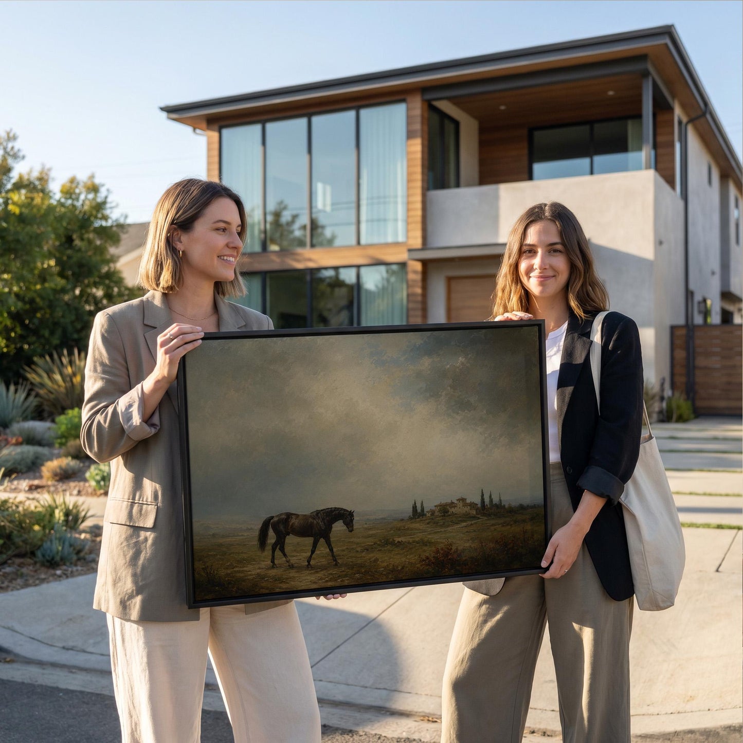 Dark horse in a meadow below a Tuscan villa with cypresses, canvas wall art seen in a warm interior with natural light