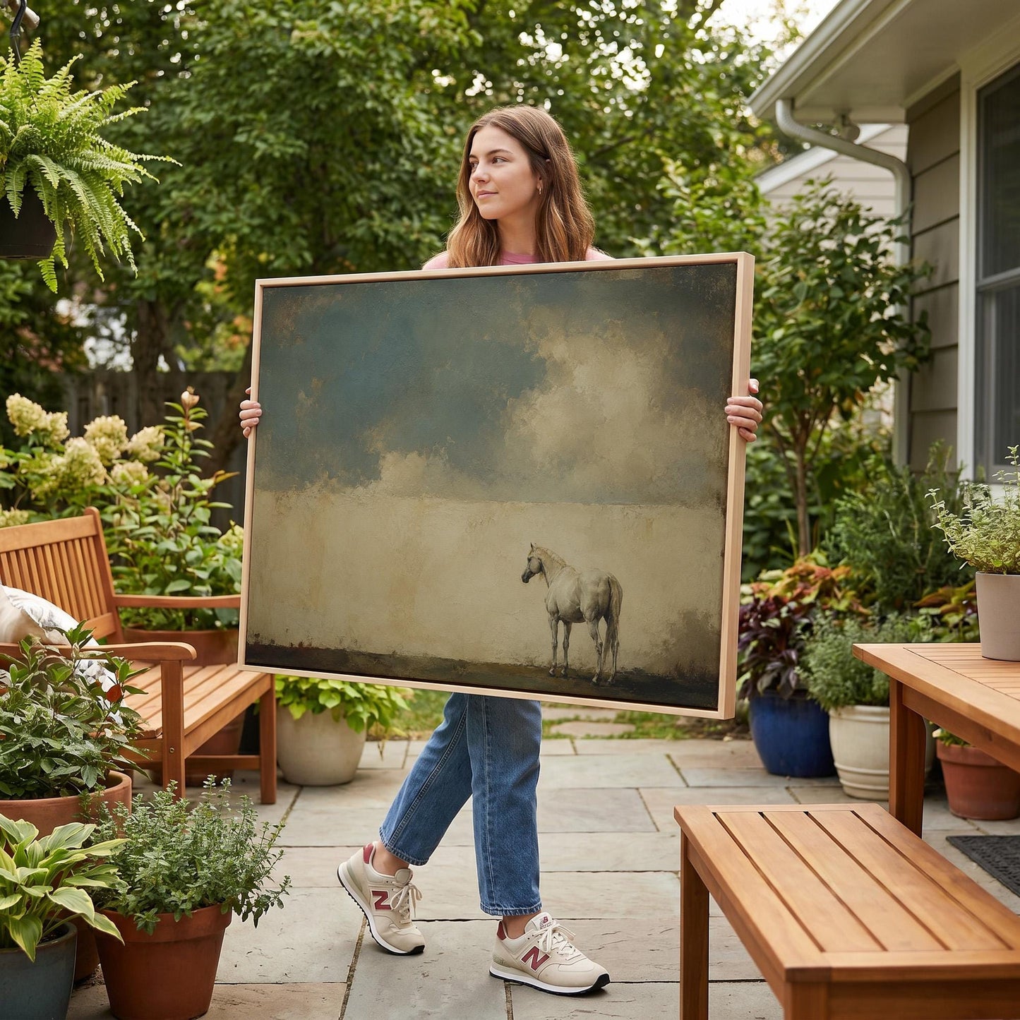 Pale horse alone in a minimalist blue and beige landscape, canvas print displayed on a neutral wall in a styled interior