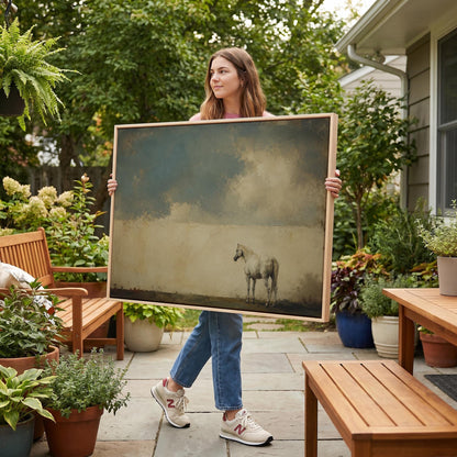 Pale horse alone in a minimalist blue and beige landscape, canvas print displayed on a neutral wall in a styled interior