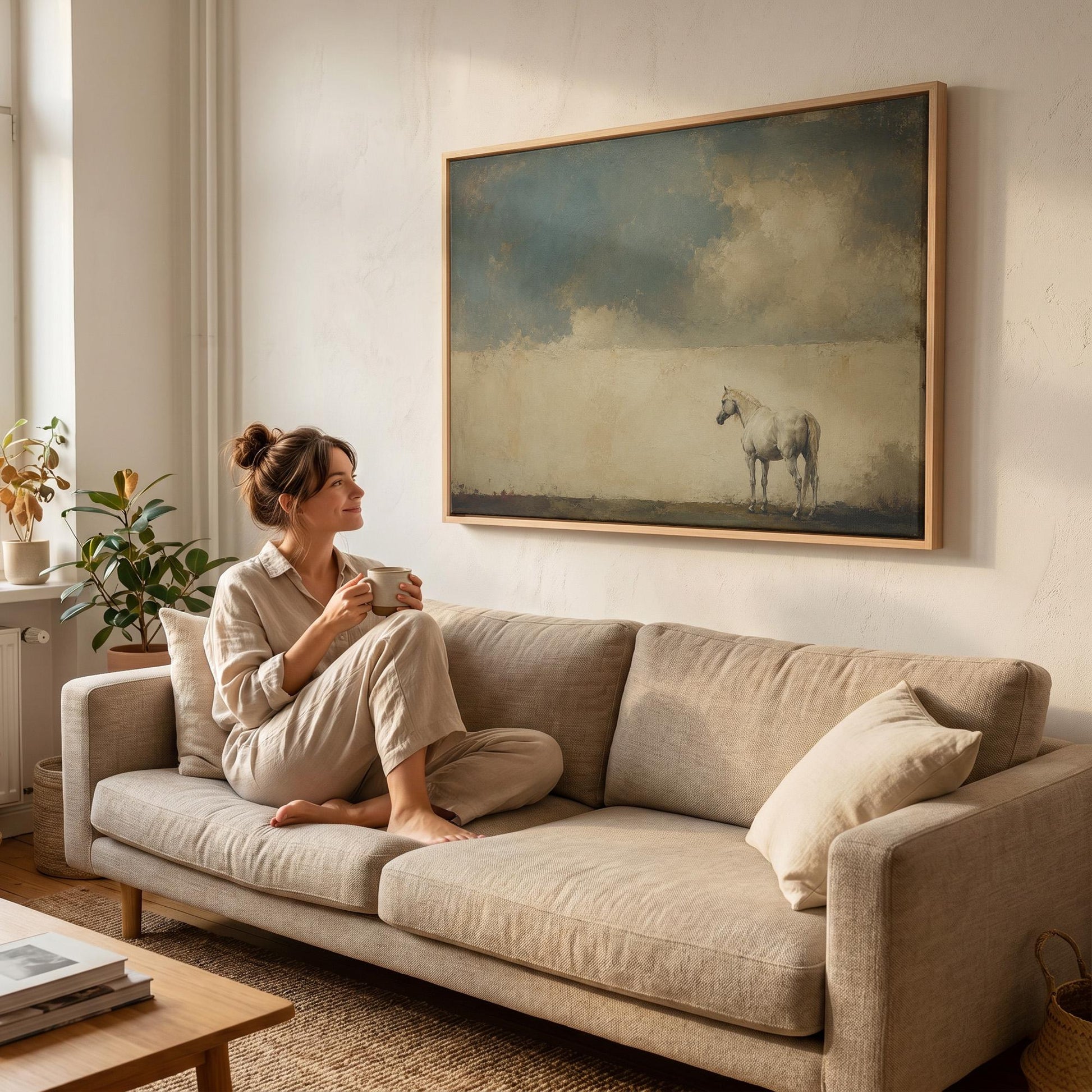 Pale horse alone in a minimalist blue and beige landscape, canvas print shown in a sunlit, contemporary room