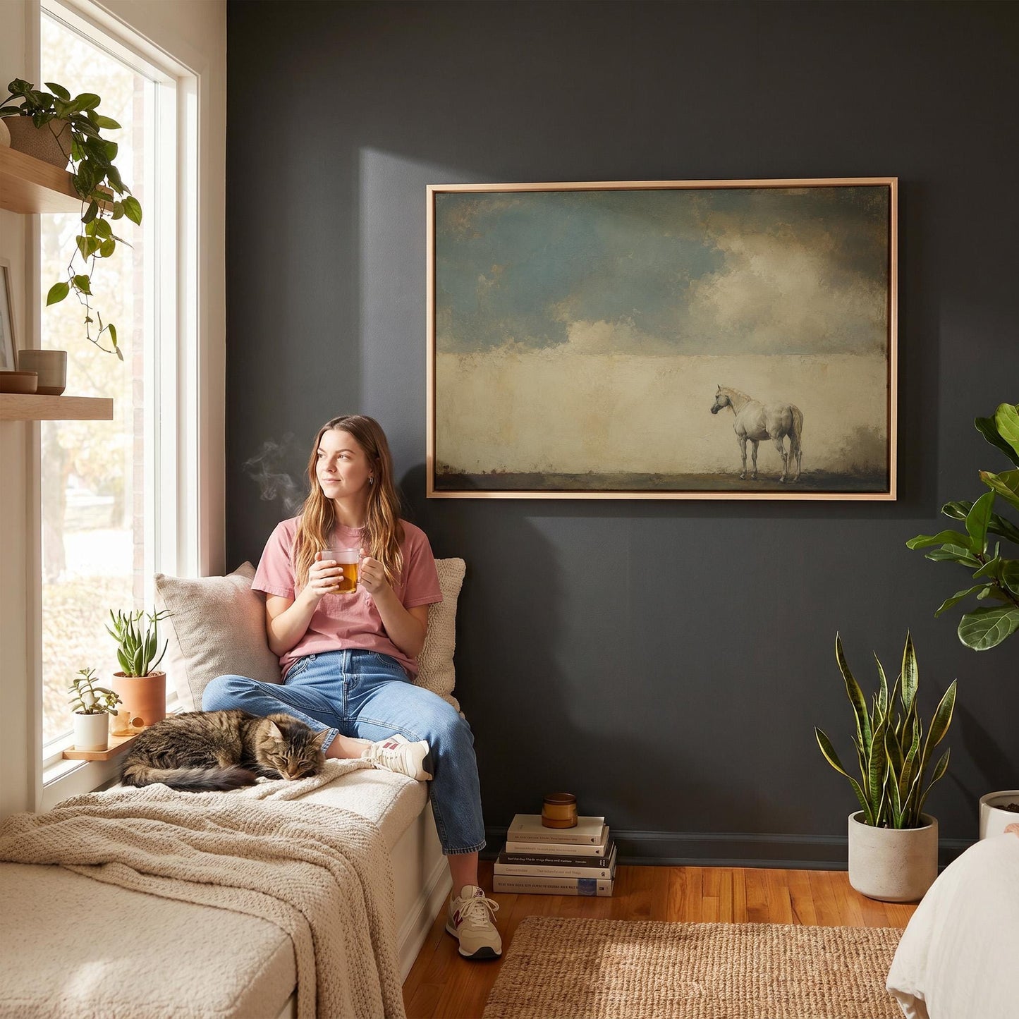 Pale horse alone in a minimalist blue and beige landscape, canvas wall art styled against a soft white wall