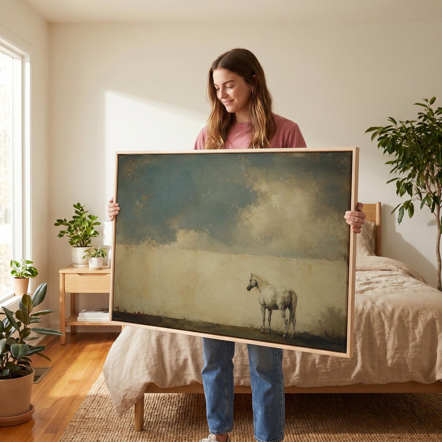 Pale horse alone in a minimalist blue and beige landscape, canvas wall art seen in a warm interior with natural light