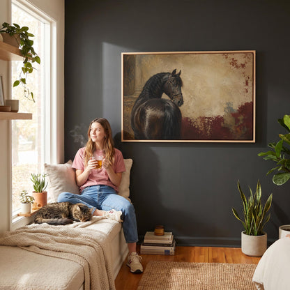 Black horse looking back against a textured gold and red ground, canvas print hanging in a calm, modern living space