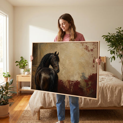 Black horse looking back against a textured gold and red ground, canvas print styled against a soft white wall