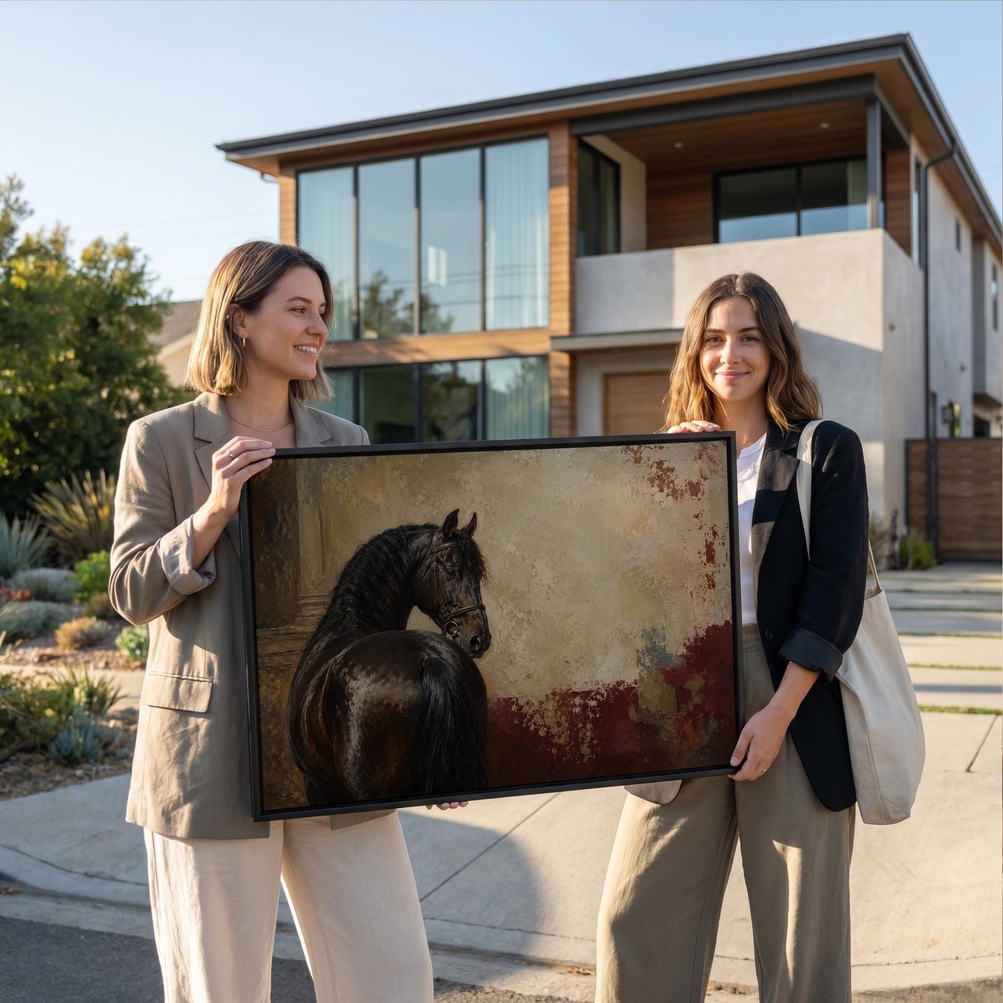 Black horse looking back against a textured gold and red ground, canvas print shown to scale in a furnished room