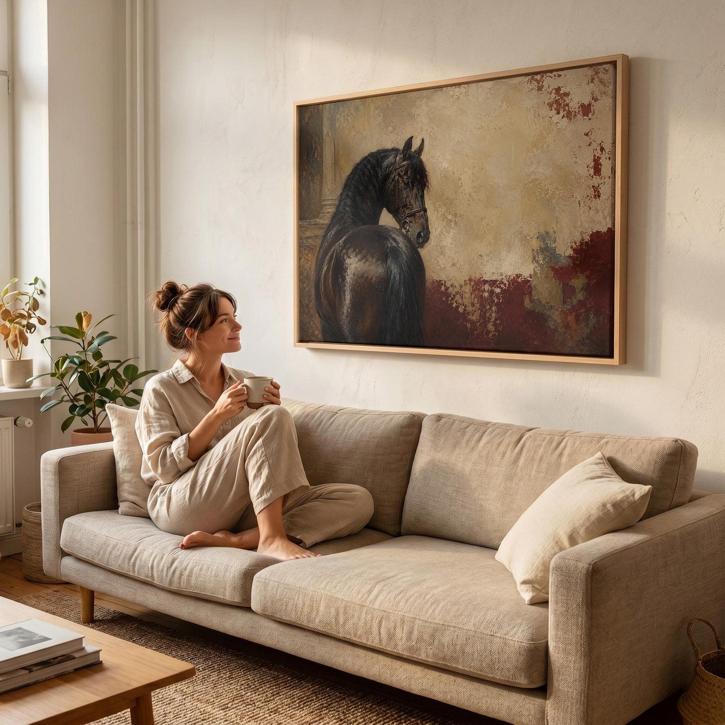 Black horse looking back against a textured gold and red ground, canvas print displayed on a neutral wall in a styled interior