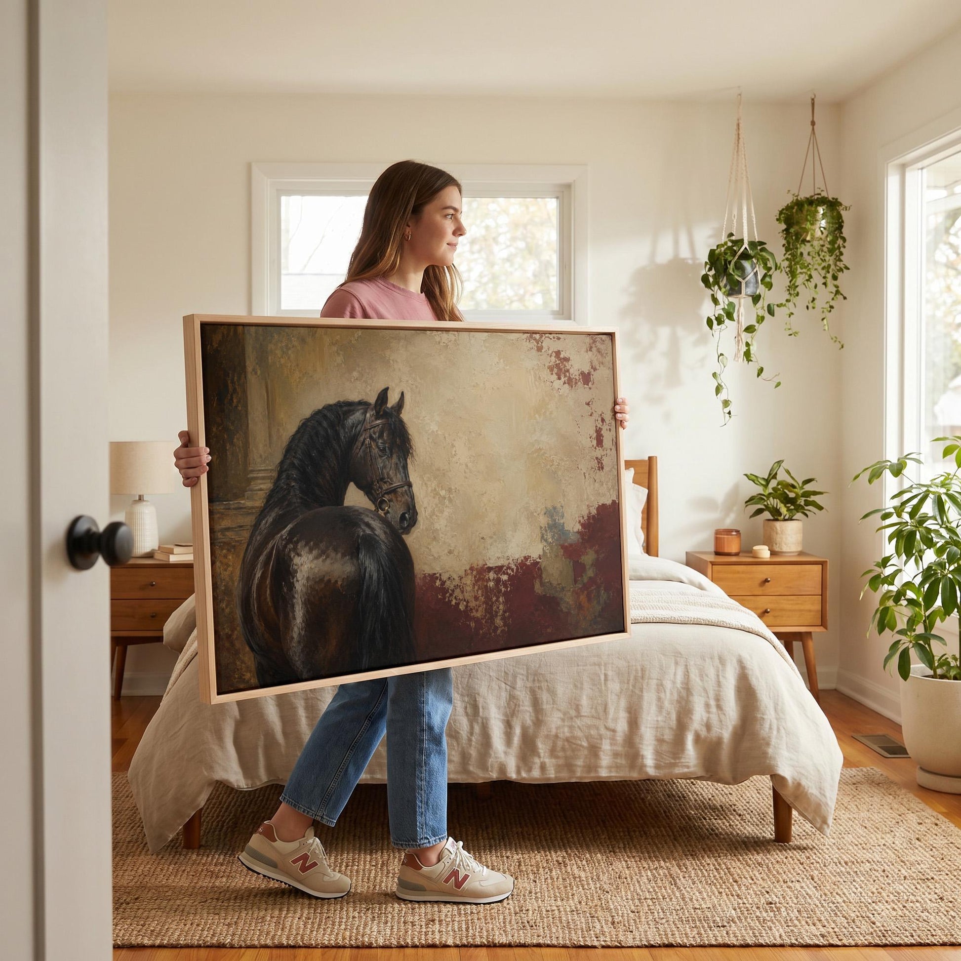 Black horse looking back against a textured gold and red ground, canvas print shown in a sunlit, contemporary room