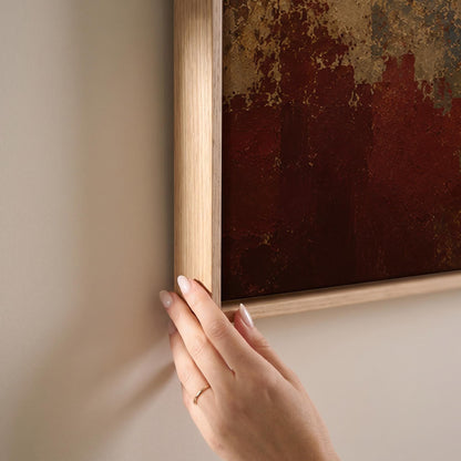 Cream white horse in profile against an aged gold plaster ground, canvas print shown at full size in a light-filled bedroom