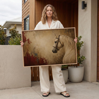 Cream white horse in profile against an aged gold plaster ground, canvas print shown to scale in a furnished room