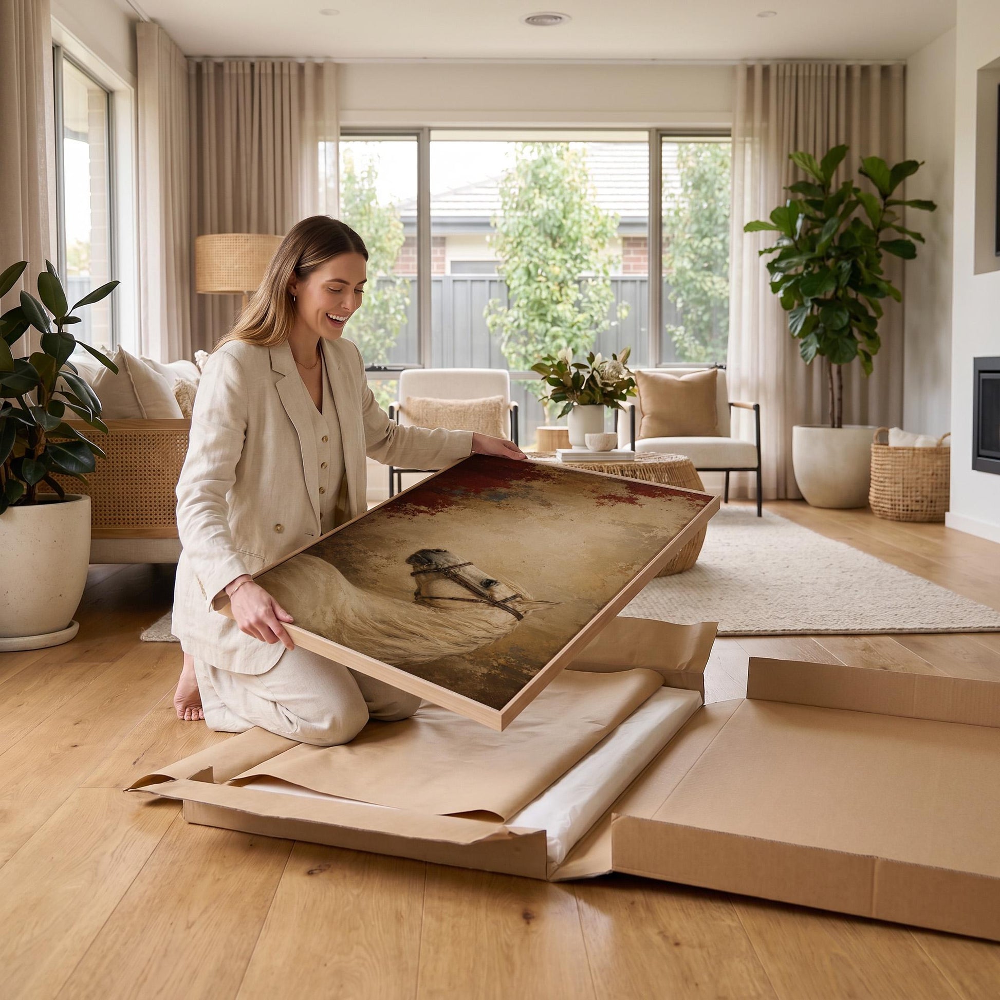 Cream white horse in profile against an aged gold plaster ground, canvas wall art hanging in a calm, modern living space