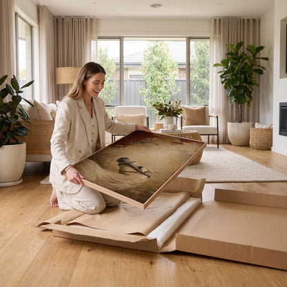 Cream white horse in profile against an aged gold plaster ground, canvas wall art hanging in a calm, modern living space
