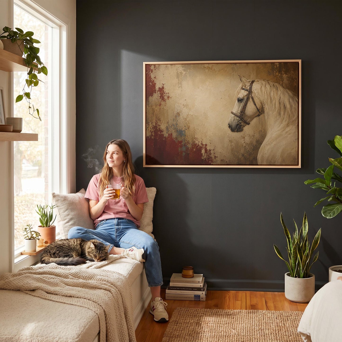Cream white horse in profile against an aged gold plaster ground, canvas wall art seen in a warm interior with natural light