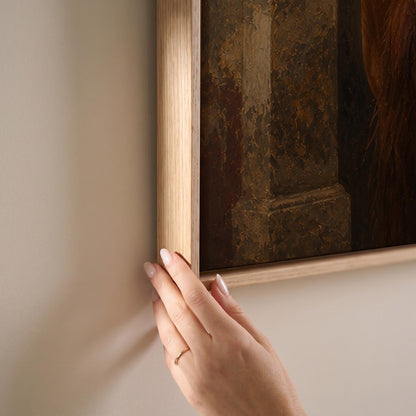 Chestnut horse in a stone archway beside a weathered plaster wall, canvas print shown at full size in a light-filled bedroom