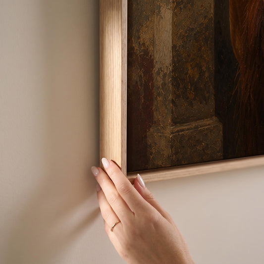 Chestnut horse in a stone archway beside a weathered plaster wall, canvas print shown at full size in a light-filled bedroom