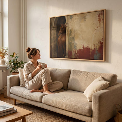 Chestnut horse in a stone archway beside a weathered plaster wall, canvas wall art styled against a soft white wall
