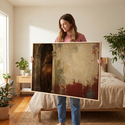 Chestnut horse in a stone archway beside a weathered plaster wall, canvas wall art seen in a warm interior with natural light