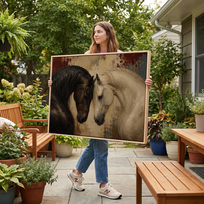 Dark and white horses bowing their heads toward each other, canvas print shown to scale in a furnished room