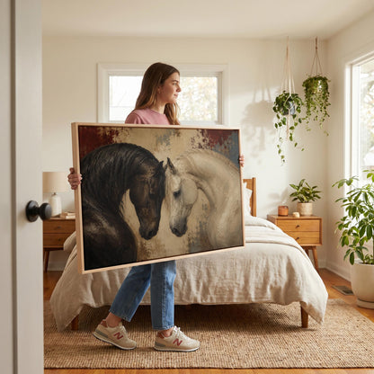 Dark and white horses bowing their heads toward each other, canvas print displayed on a neutral wall in a styled interior