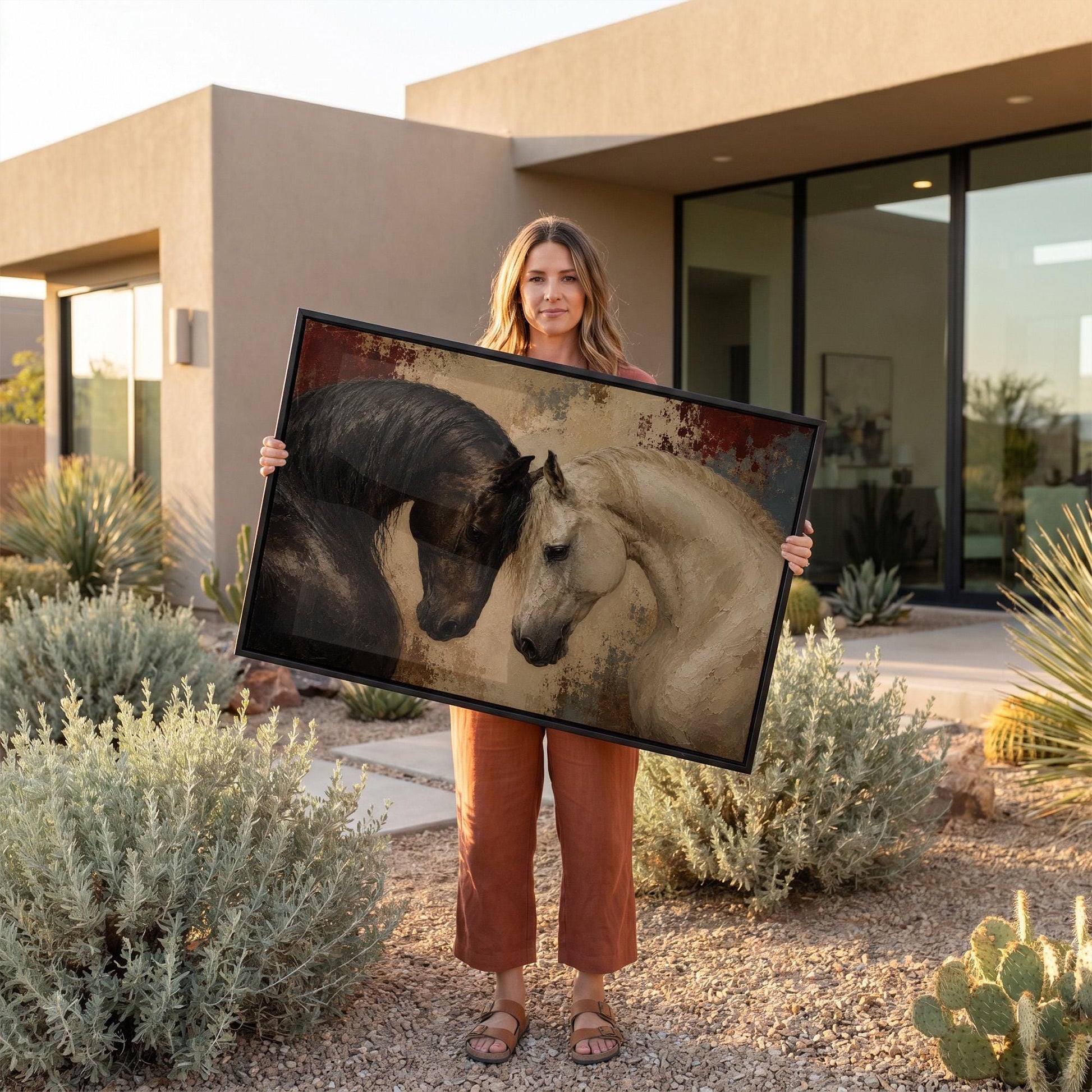 Dark and white horses bowing their heads toward each other, canvas print shown in a sunlit, contemporary room