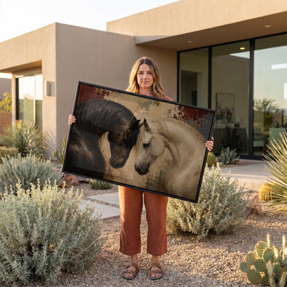 Dark and white horses bowing their heads toward each other, canvas print shown in a sunlit, contemporary room