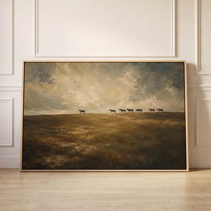 Row of horses on the far edge of a dark olive field, canvas print held up against a sunlit bedroom wall