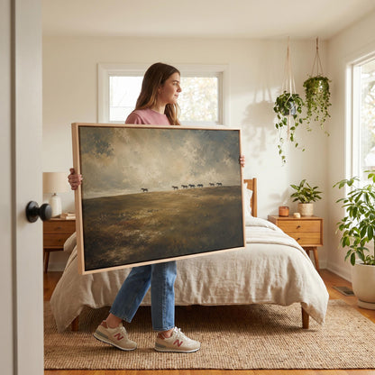 Row of horses on the far edge of a dark olive field, canvas print displayed on a neutral wall in a styled interior