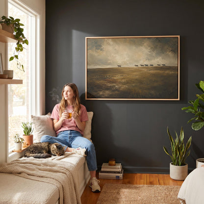 Row of horses on the far edge of a dark olive field, canvas wall art seen in a warm interior with natural light