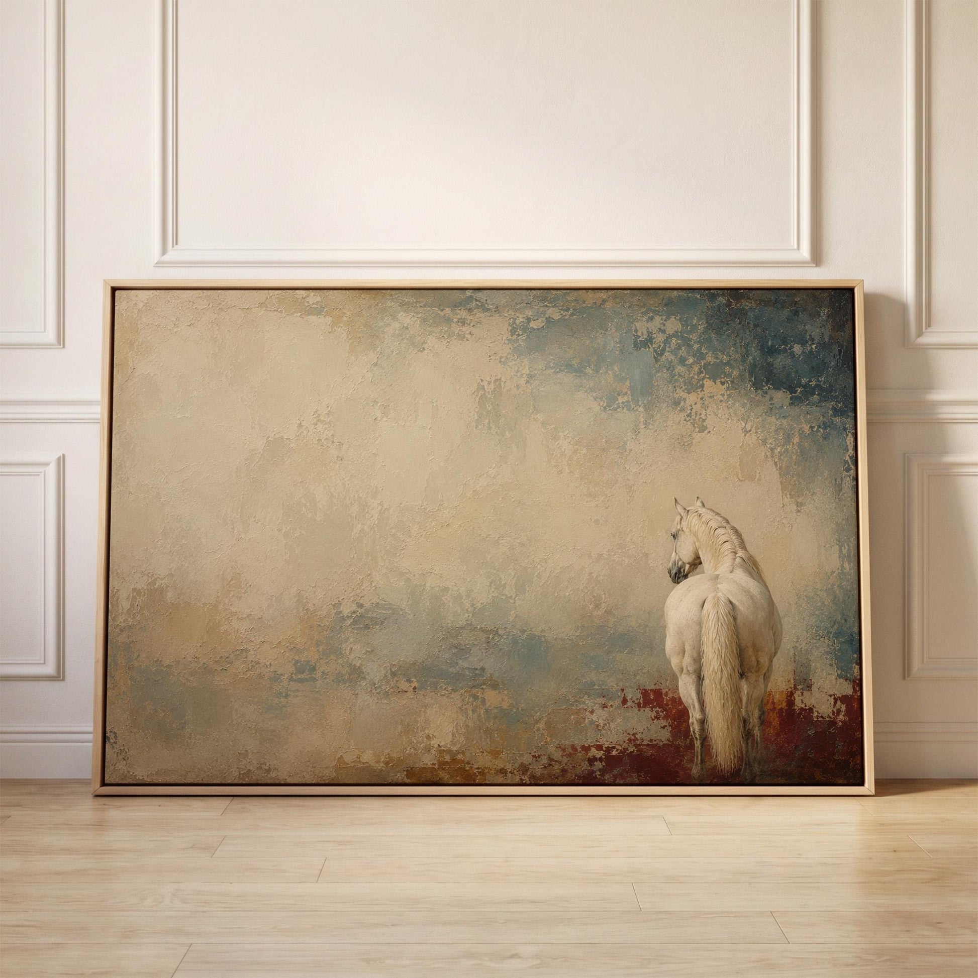 White horse seen from behind against a weathered blue and cream ground, canvas print held up against a sunlit bedroom wall