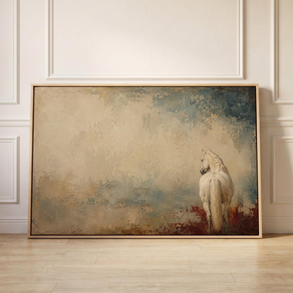 White horse seen from behind against a weathered blue and cream ground, canvas print held up against a sunlit bedroom wall