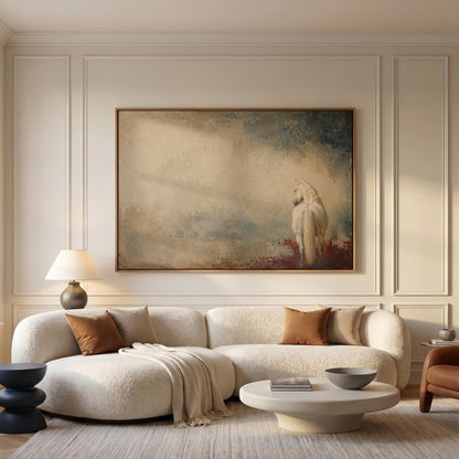 White horse seen from behind against a weathered blue and cream ground, canvas print styled against a soft white wall