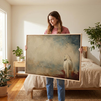 White horse seen from behind against a weathered blue and cream ground, canvas print seen in a warm interior with natural light