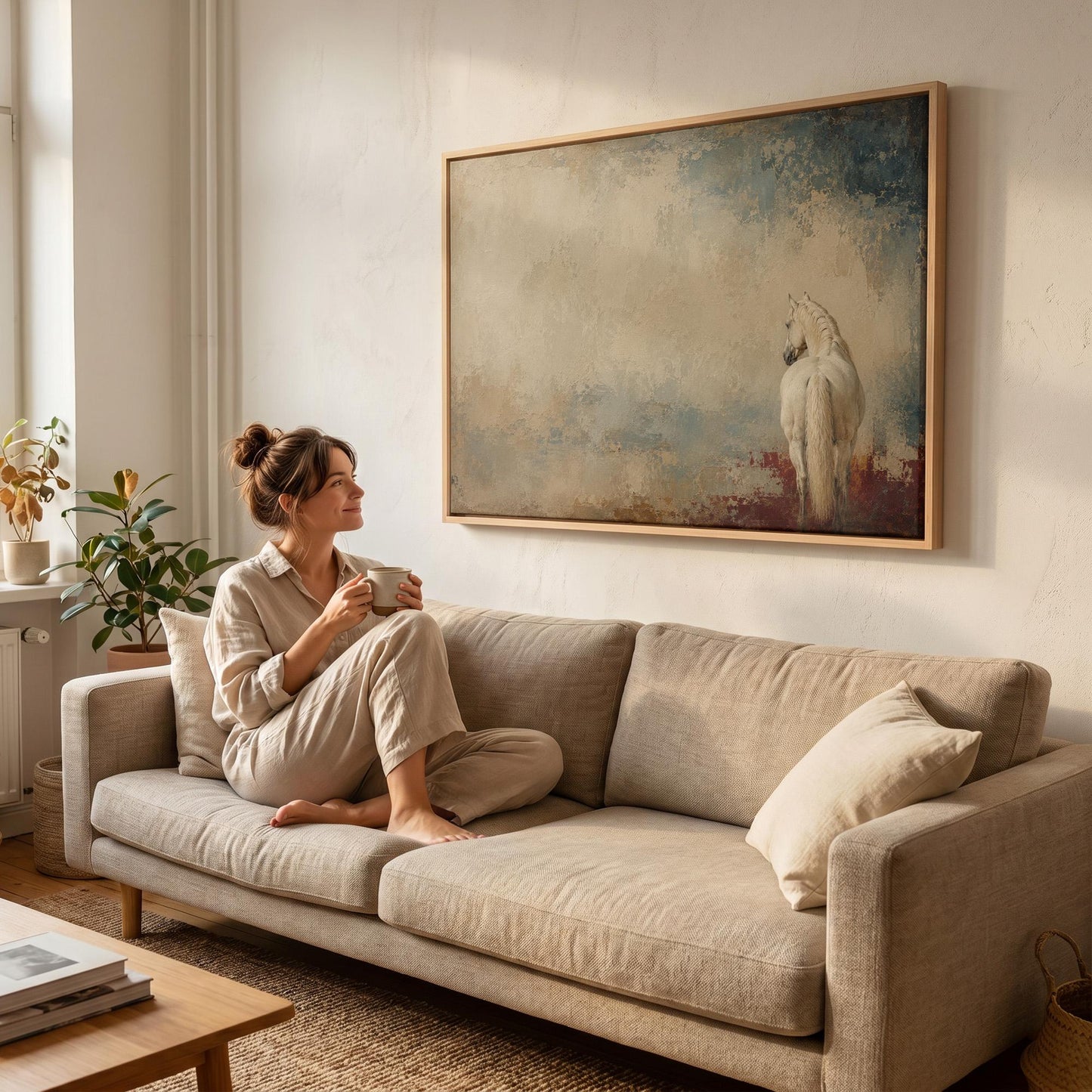 White horse seen from behind against a weathered blue and cream ground, canvas wall art hanging in a calm, modern living space