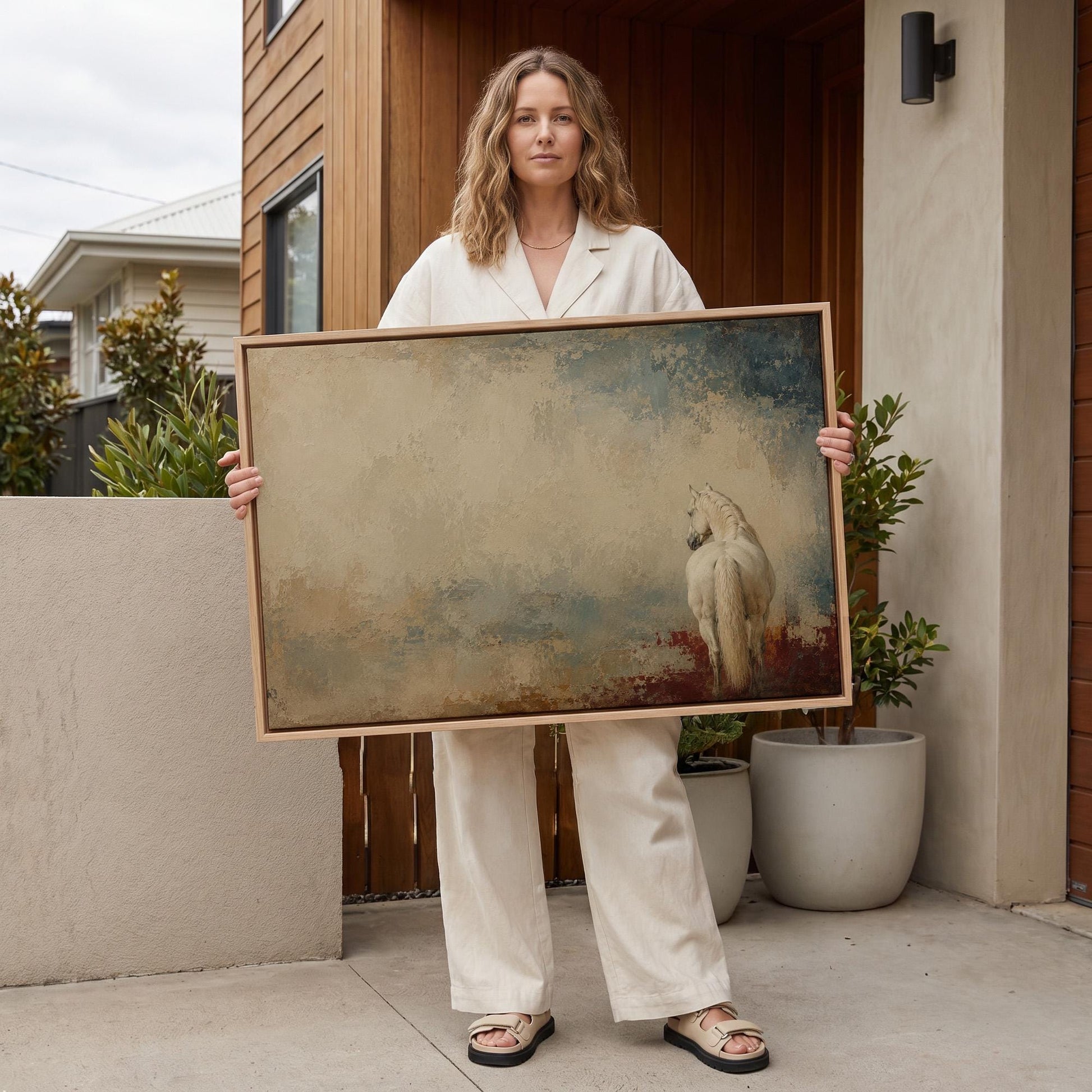White horse seen from behind against a weathered blue and cream ground, canvas wall art seen in a warm interior with natural light