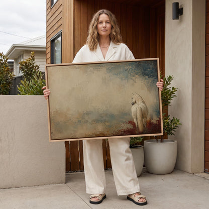 White horse seen from behind against a weathered blue and cream ground, canvas wall art seen in a warm interior with natural light