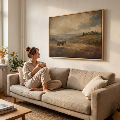 Dark horse grazing on a golden hillside below a Tuscan villa, canvas print seen in a warm interior with natural light