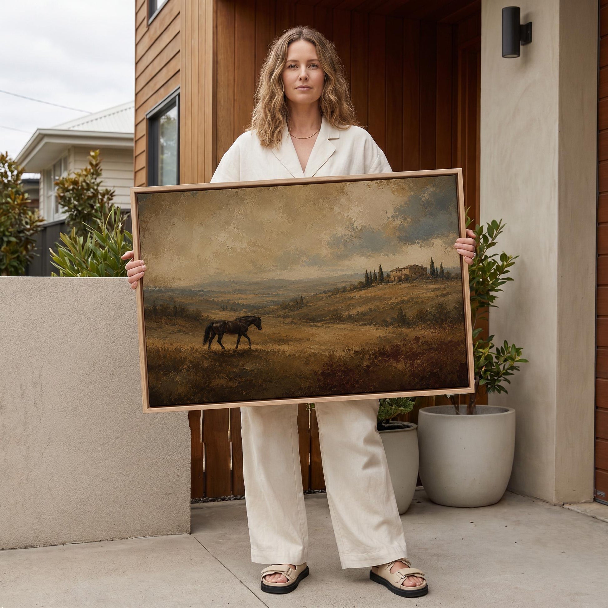 Dark horse grazing on a golden hillside below a Tuscan villa, canvas print shown to scale in a furnished room