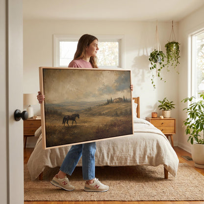 Dark horse grazing on a golden hillside below a Tuscan villa, canvas wall art hanging in a calm, modern living space
