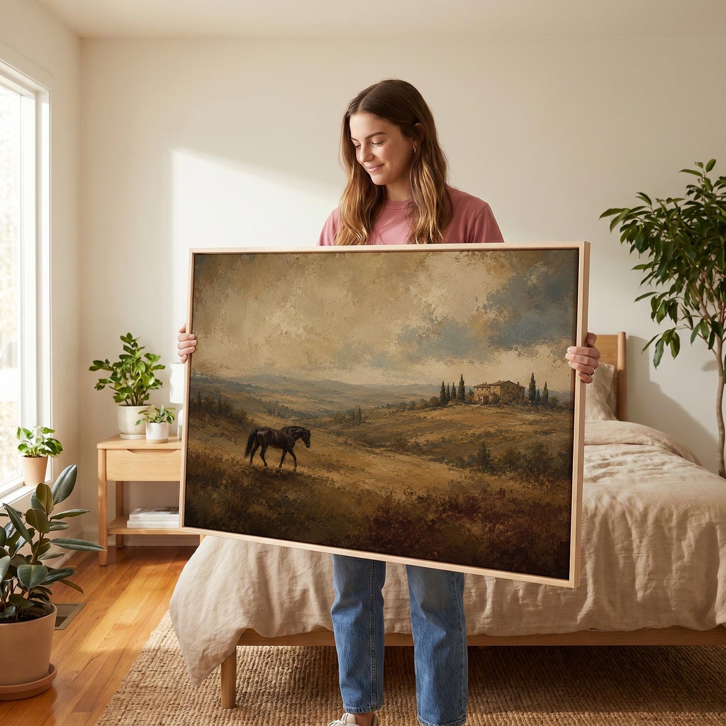 Dark horse grazing on a golden hillside below a Tuscan villa, canvas wall art seen in a warm interior with natural light